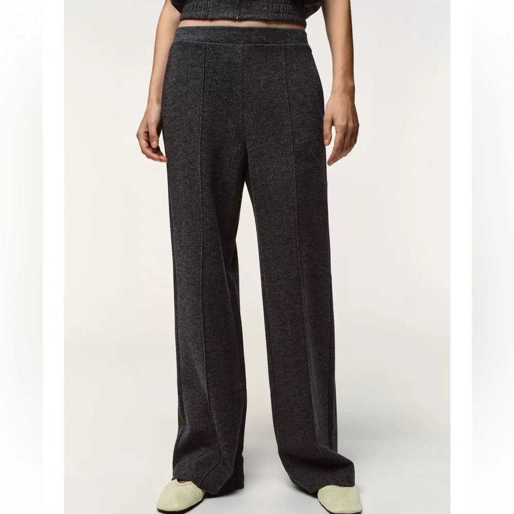 Zara NWT 2 piece matching pants set charcoal gray zipper front collared top